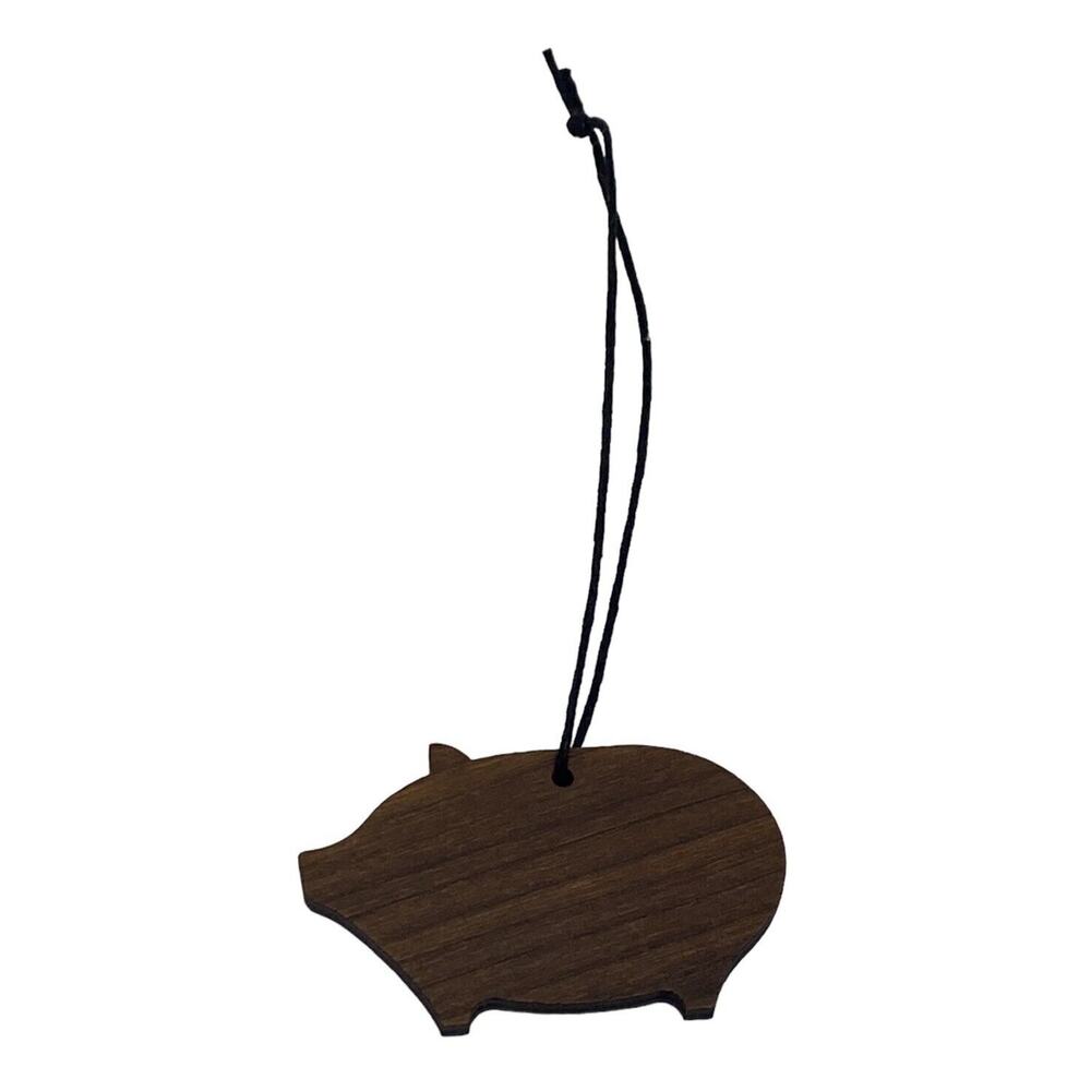 Pig Figure Christmas 2" Ornament Handmade Brown 5 Ply Walnut Wood Black Hanger